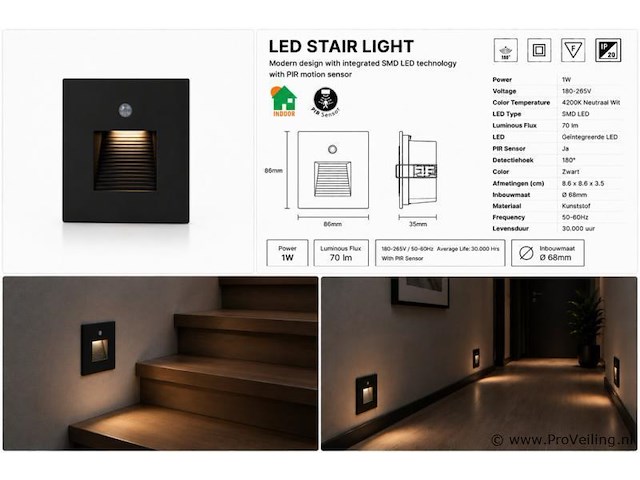 6 x led trapverlichting 1w – 4200k neutraal wit - zwart – pir sensor – ip20 – diamond - afbeelding 5 van  5