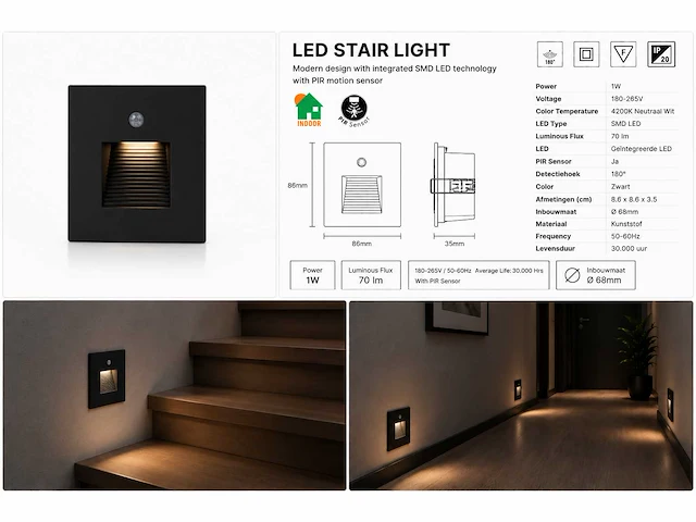 6 x led trapverlichting 1w – 4200k neutraal wit - zwart – pir sensor – ip20 – diamond - afbeelding 5 van  5