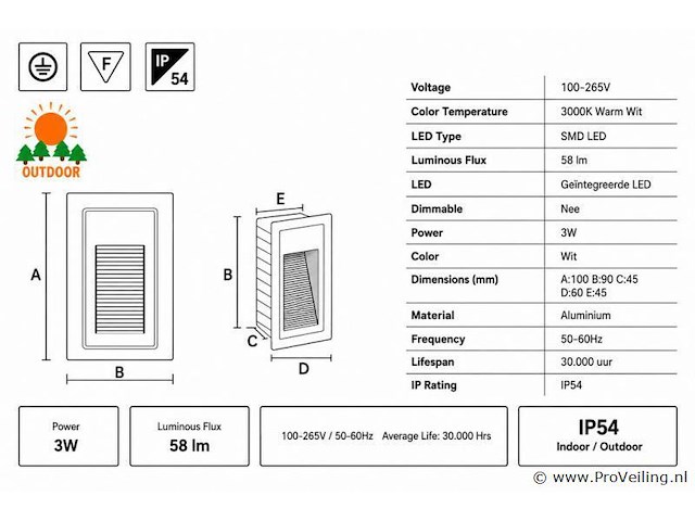 6 x led trapverlichting 3w – 3000k warm wit - rechthoek – wit – ip54 – yoga-v1 - afbeelding 4 van  5