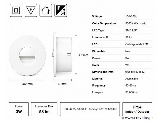6 x led trapverlichting 3w – 3000k warm wit - rond – wit – ip54 – icon-r - afbeelding 4 van  5