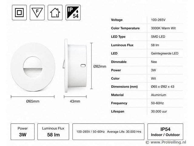 6 x led trapverlichting 3w – 3000k warm wit - rond – wit – ip54 – icon-r - afbeelding 4 van  5