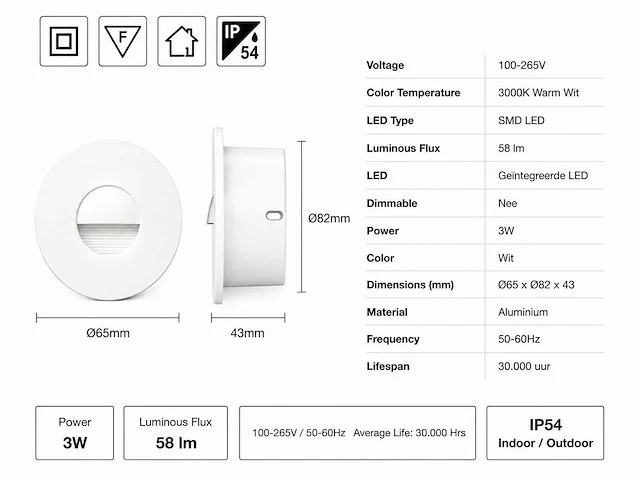 6 x led trapverlichting 3w – 3000k warm wit - rond – wit – ip54 – icon-r - afbeelding 4 van  5