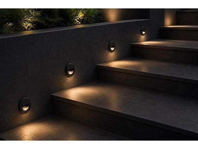 6 x led trapverlichting 3w – 3000k warm wit - rond – zwart – ip54 – icon-r - afbeelding 1 van  5
