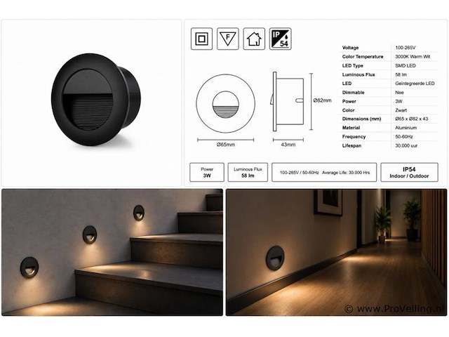 6 x led trapverlichting 3w – 3000k warm wit - rond – zwart – ip54 – icon-r - afbeelding 5 van  5