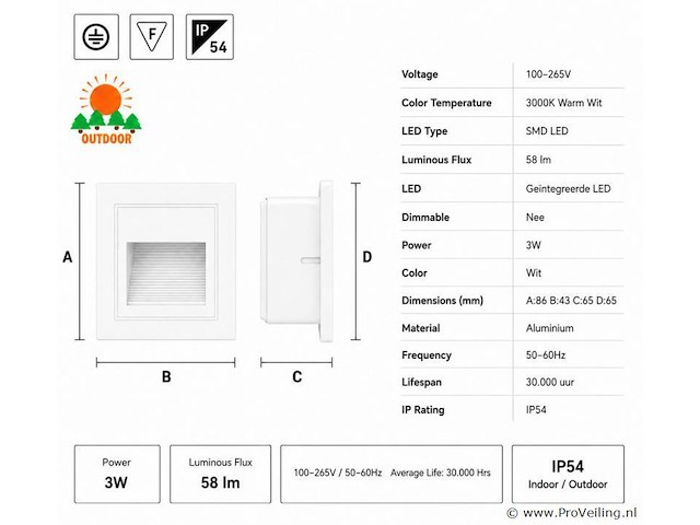 6 x led trapverlichting 3w – 3000k warm wit - vierkant – wit – ip54 – icon-s - afbeelding 4 van  5