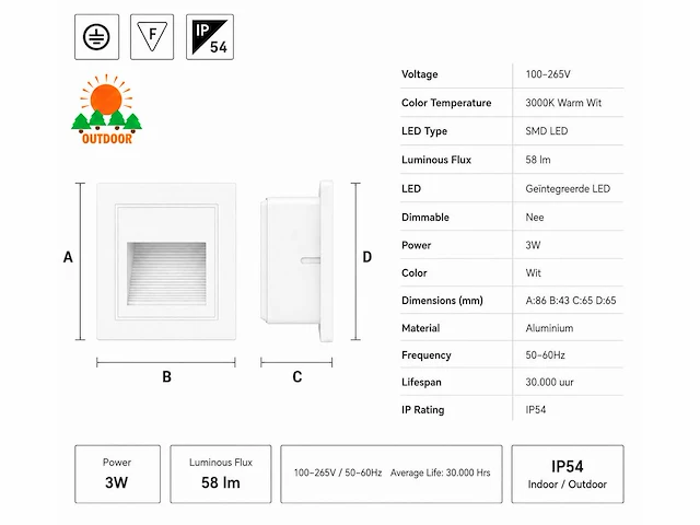 6 x led trapverlichting 3w – 3000k warm wit - vierkant – wit – ip54 – icon-s - afbeelding 4 van  5