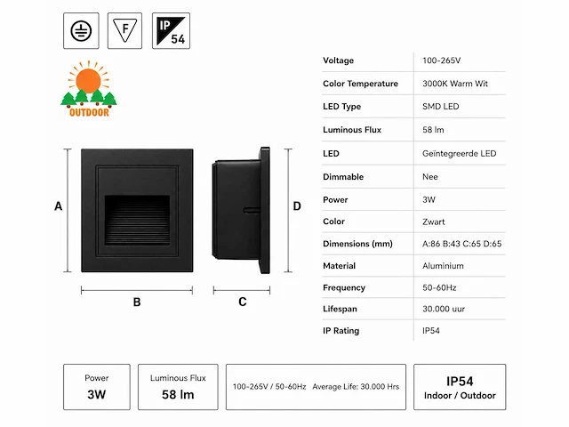 6 x led trapverlichting 3w – 3000k warm wit - vierkant – zwart – ip54 – icon-s - afbeelding 4 van  5