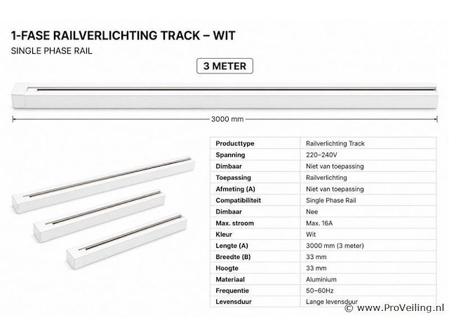6 x railverlichting track – 1 fase – 3 meter – wit - lighting track - afbeelding 4 van  5