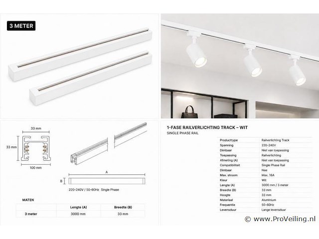 6 x railverlichting track – 1 fase – 3 meter – wit - lighting track - afbeelding 5 van  5