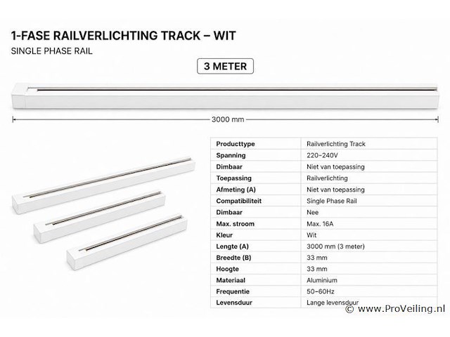 6 x railverlichting track – 1 fase – 3 meter – wit - lighting track - afbeelding 4 van  5