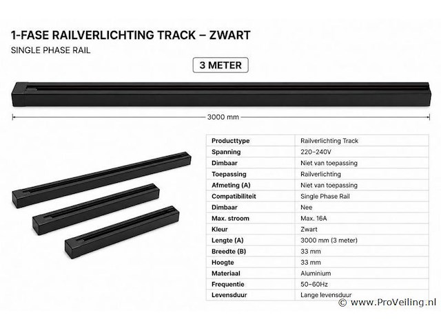 6 x railverlichting track – 1 fase – 3 meter – zwart - lighting track - afbeelding 4 van  5