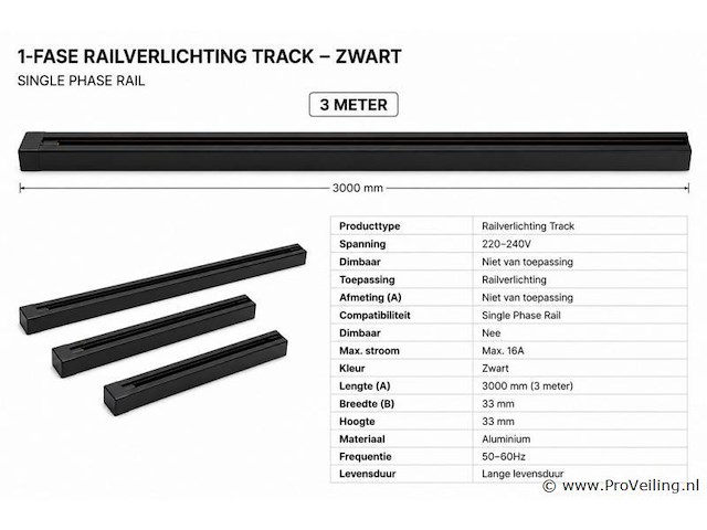 6 x railverlichting track – 1 fase – 3 meter – zwart - lighting track - afbeelding 4 van  5