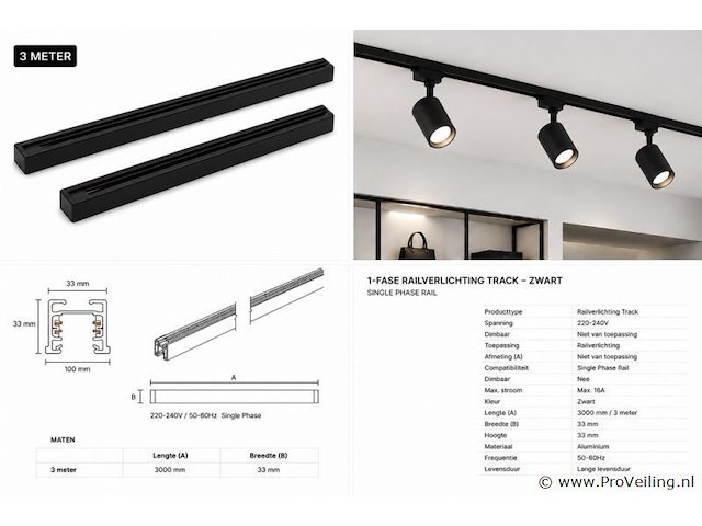 6 x railverlichting track – 1 fase – 3 meter – zwart - lighting track - afbeelding 5 van  5