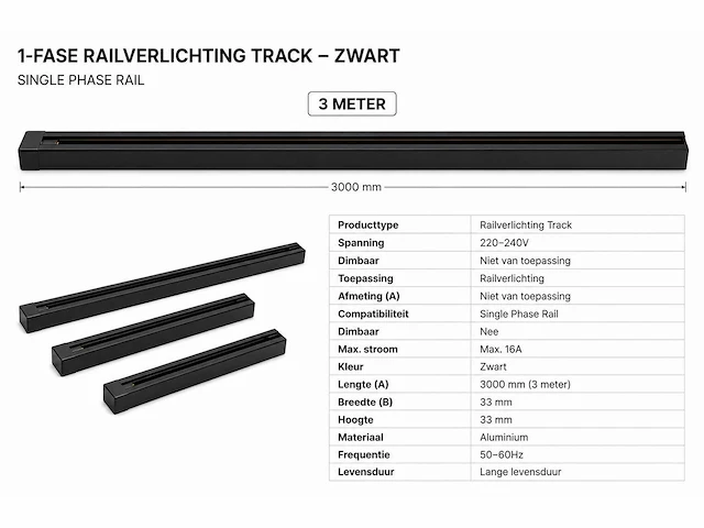 6 x railverlichting track – 1 fase – 3 meter – zwart - lighting track - afbeelding 4 van  5