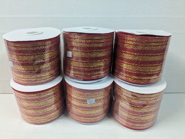 6x juteband -jute lint - kerst, rood / goud, 10 cm x 18 mtr - afbeelding 1 van  2