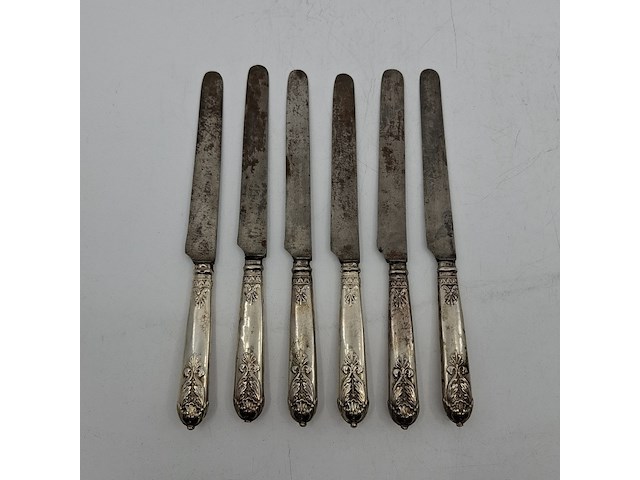 6x set vintage antieke messen met zilveren handvat, zilver - afbeelding 1 van  5