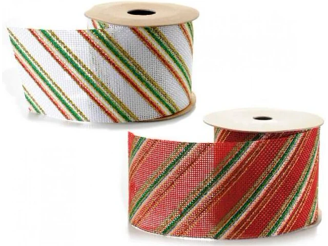 8 x 2 juteband - jute lint - kerst, wit / groen / rood, 5 cm x 5 meter - afbeelding 1 van  1