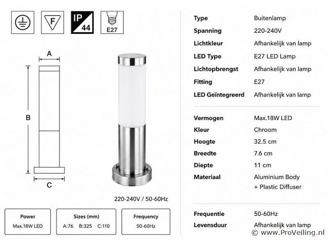 8 x buitenlamp tuinpaal – e27 – chroom – ip44 – 325mm – defne-3 - afbeelding 4 van  5