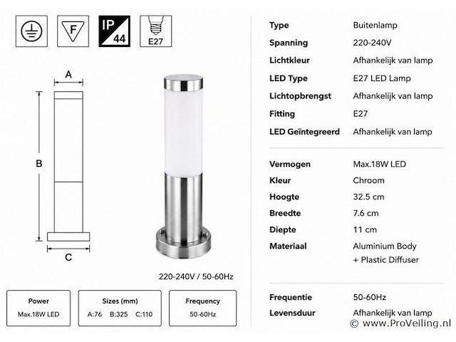 8 x buitenlamp tuinpaal – e27 – chroom – ip44 – 325mm – defne-3 - afbeelding 4 van  5