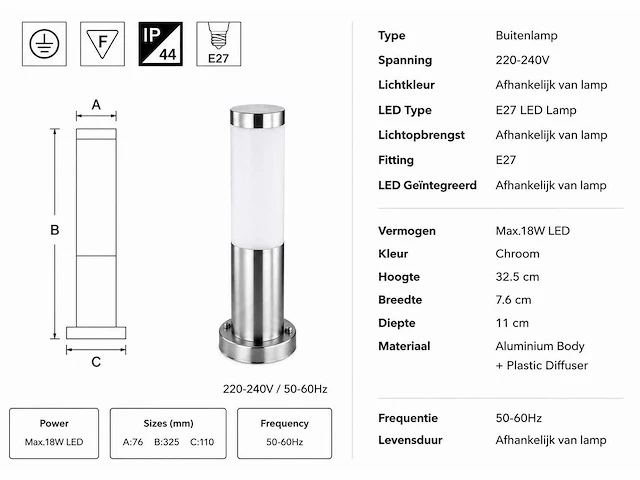 8 x buitenlamp tuinpaal – e27 – chroom – ip44 – 325mm – defne-3 - afbeelding 10 van  15
