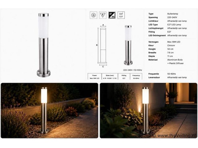 8 x buitenlamp tuinpaal – e27 – chroom – ip44 – 500mm – defne-4 - afbeelding 5 van  5