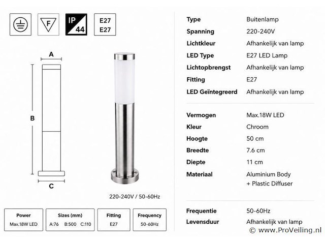 8 x buitenlamp tuinpaal – e27 – chroom – ip44 – 500mm – defne-4 - afbeelding 4 van  5
