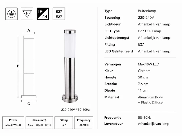 8 x buitenlamp tuinpaal – e27 – chroom – ip44 – 500mm – defne-4 - afbeelding 10 van  15