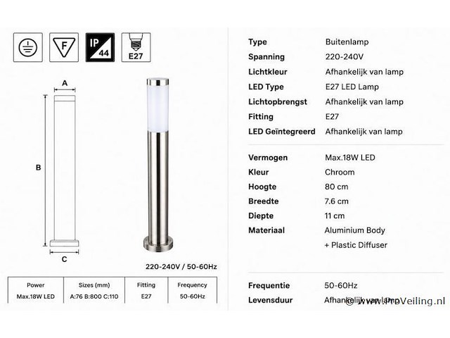 8 x buitenlamp tuinpaal – e27 – chroom – ip44 – 800mm – defne-5 - afbeelding 4 van  5