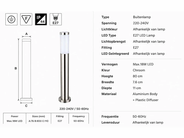 8 x buitenlamp tuinpaal – e27 – chroom – ip44 – 800mm – defne-5 - afbeelding 15 van  15