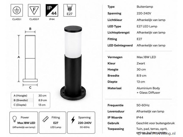 8 x buitenlamp tuinpaal – e27 – zwart – ip44 – 300mm – kavak-3 - afbeelding 4 van  5