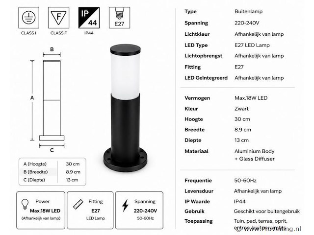8 x buitenlamp tuinpaal – e27 – zwart – ip44 – 300mm – kavak-3 - afbeelding 4 van  5