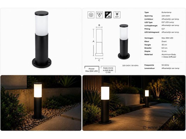 8 x buitenlamp tuinpaal – e27 – zwart – ip44 – 300mm – kavak-3 - afbeelding 5 van  5