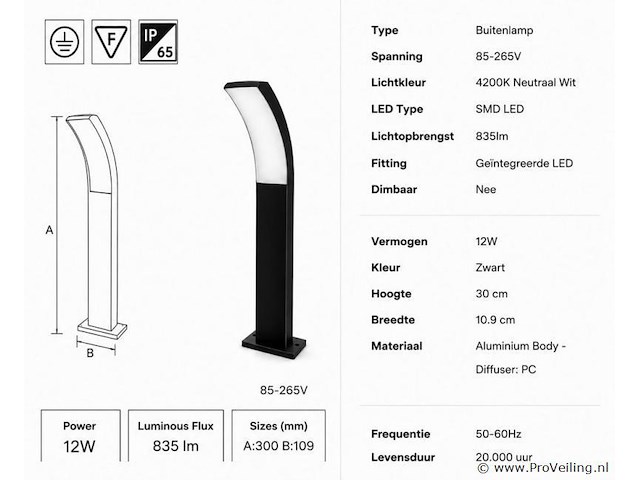 8 x led buiten sokkel lamp – 12w – 4200k neutraal wit - zwart – ip65 – prestige-2 - afbeelding 4 van  5