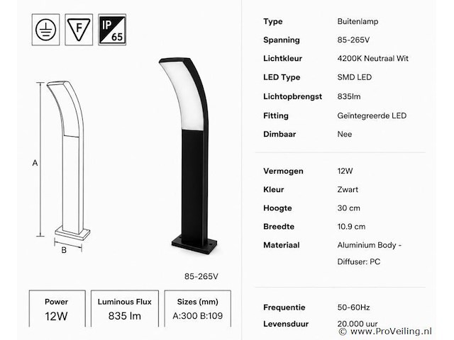 8 x led buiten sokkel lamp – 12w – 4200k neutraal wit - zwart – ip65 – prestige-2 - afbeelding 4 van  5