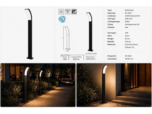 8 x led buiten sokkel lamp – 12w – 4200k neutraal wit - zwart – ip65 – prestige-4 - afbeelding 5 van  5