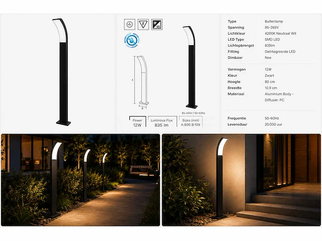 8 x led buiten sokkel lamp – 12w – 4200k neutraal wit - zwart – ip65 – prestige-4 - afbeelding 6 van  10