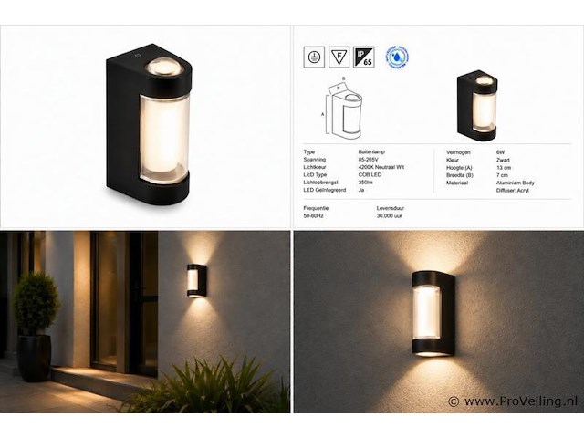 8 x led buiten wandlamp – 6w – 4200k neutraal wit - zwart – ip65 – vector-6 - afbeelding 5 van  5