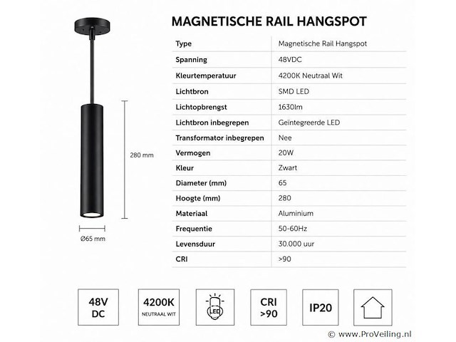 8 x led hangspot voor magnetische rail – 48v – 20w – 3000k warm wit - afbeelding 4 van  5