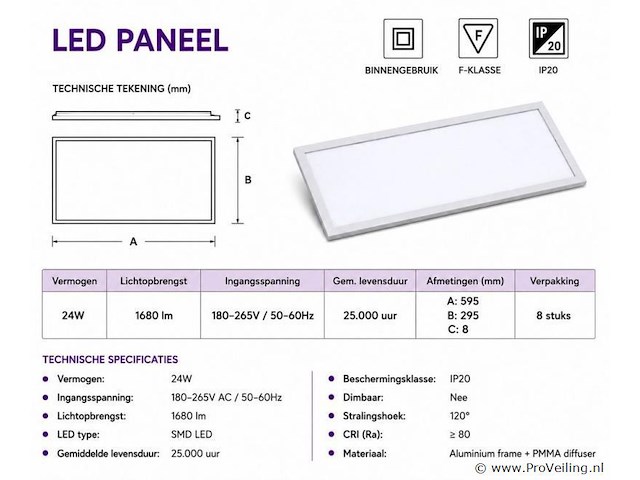 8 x led paneel 24w – 3000k warm wit - 595x295mm – ip20 – zodiac-24 - afbeelding 4 van  5
