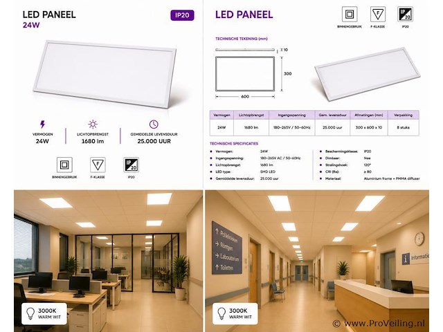 8 x led paneel 24w – 3000k warm wit - 595x295mm – ip20 – zodiac-24 - afbeelding 5 van  5