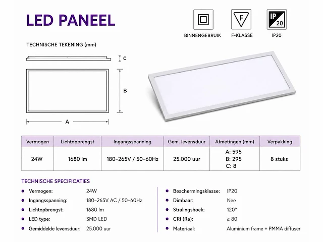 8 x led paneel 24w – 4200k neutraal wit - 595x295mm – ip20 – zodiac-24 - afbeelding 4 van  5