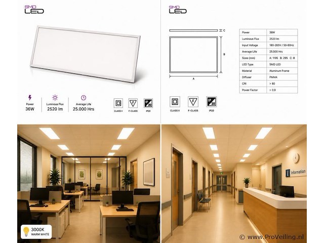 8 x led paneel 36w – 3000k warm wit - 1195x295mm – ip20 – zodiac-36 - afbeelding 5 van  5