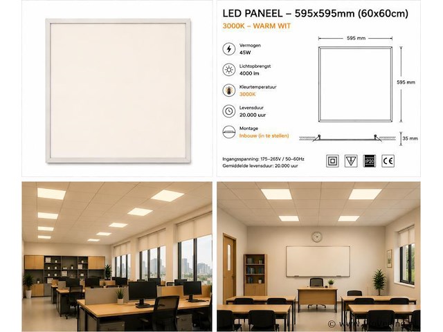 8 x led paneel 45w – 3000k warm wit - 595x595mm – ip20 – galaksi - afbeelding 5 van  5