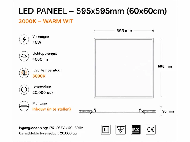 8 x led paneel 45w – 3000k warm wit - 595x595mm – ip20 – galaksi - afbeelding 4 van  5