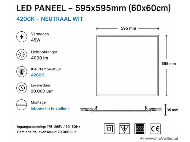 8 x led paneel 45w – 4200k neutraal wit - 595x595mm – ip20 – galaksi - afbeelding 4 van  5