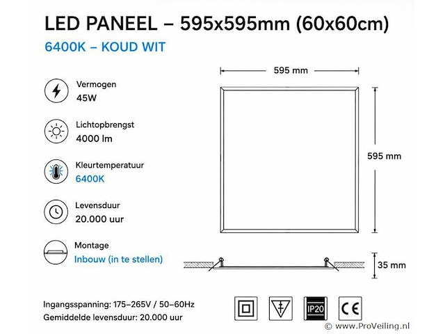 8 x led paneel 45w – 6400k koud wit - 595x595mm – ip20 – galaksi - afbeelding 4 van  5