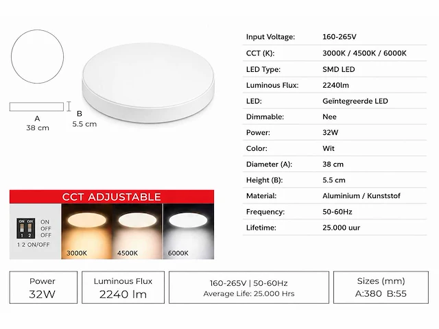 8 x led plafondlamp 32w – 3cct verstelbaar - wit – ip20 – hazel-32 3cct - afbeelding 4 van  5