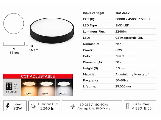 8 x led plafondlamp 32w – 3cct verstelbaar - zwart – ip20 – hazel-32 3cct - afbeelding 4 van  5