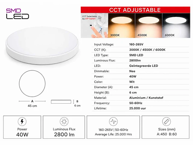 8 x led plafondlamp 40w – 3cct verstelbaar - wit – ip20 – hazel-40 3cct - afbeelding 4 van  5