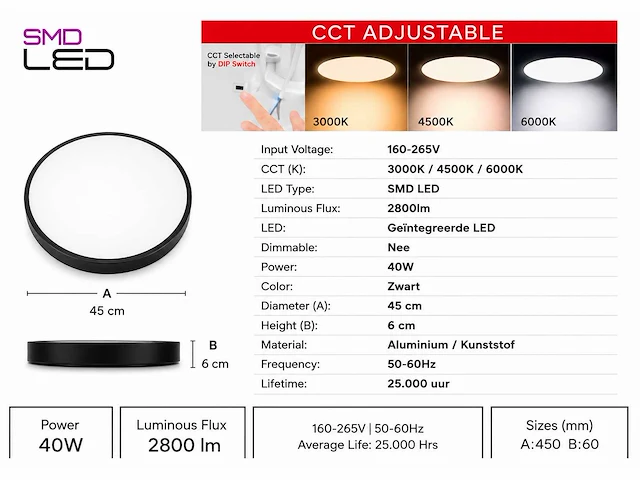8 x led plafondlamp 40w – 3cct verstelbaar - zwart – ip20 – hazel-40 3cct - afbeelding 4 van  5